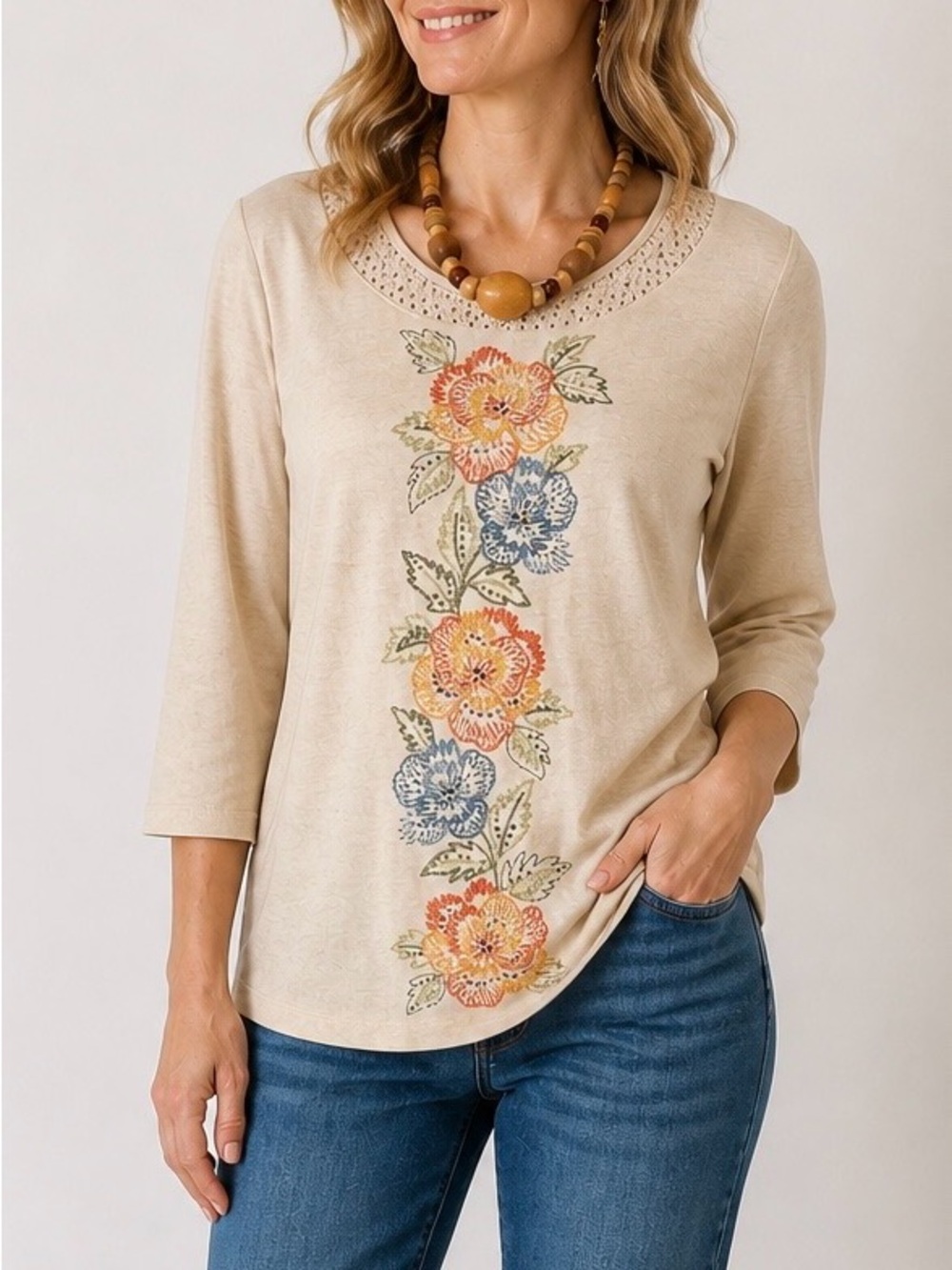 Alfred Dunner Embroidered Floral Top Boho Cottagecore 3/4 Sleeve